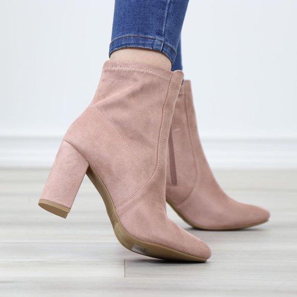 Pointed Toe Pink Faux Suede Block High Heel Above Ankle Boots - Picture 5 of 14